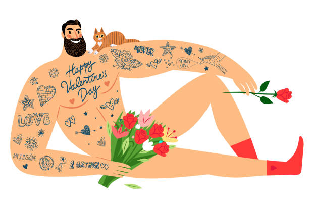Valentine's Day sexy men with tattoos, flowers and cat. Cartoon illustration with sexy men on a floor with tattoos, bunch of flowers and cat. Happy Valentine's day greeting on his chest. Love illustration for your design. chest tattoos for men designs stock illustrations