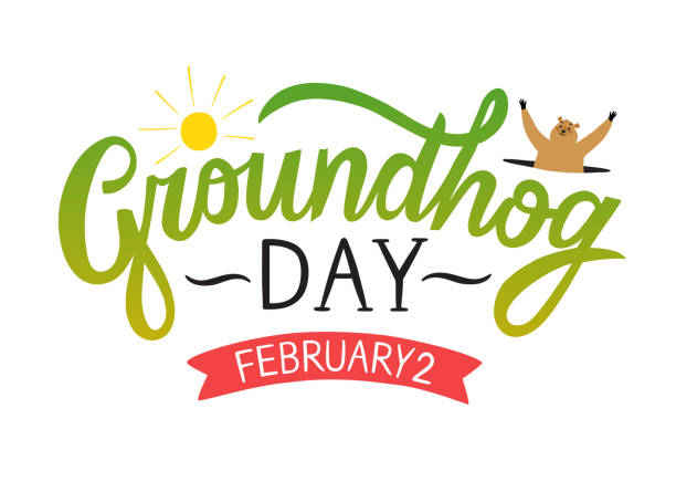 Groundhog Day illustration with title and cartoon groundhog Groundhog Day illustration with title and cartoon groundhog looking from a hole. Happy Groundhog Day banner. groundhog day stock illustrations