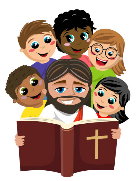 Group of multicultural happy kids surrounding jesus christ reading holy bible book isolated on white Group of multicultural happy kids surrounding jesus christ reading holy bible book isolated on white praying child christianity family stock illustrations