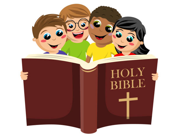 ilustrações, clipart, desenhos animados e ícones de pequeno grupo de crianças multiculturais lendo o livro bíblia sagrada isolado em branco - bible