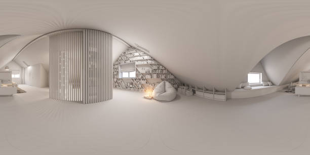 3d illustration 360 spherical panorama interior design lounge area of the attic floor in a private cottage stock photo