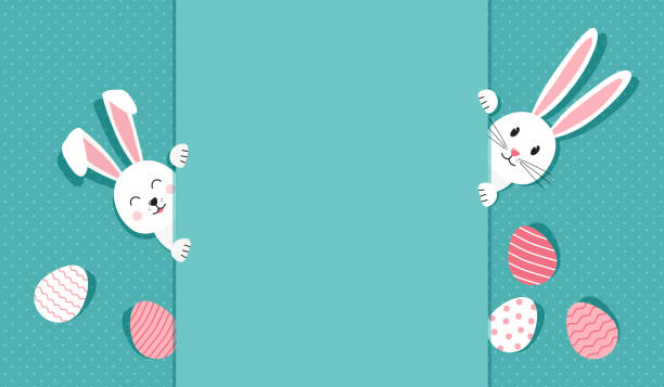 illustrazioni stock, clip art, cartoni animati e icone di tendenza di coniglietti pasquali e biglietto d'auguri per le uova. coniglio su sfondo turchese a pois. vettore - easter rabbit easter bunny easter egg