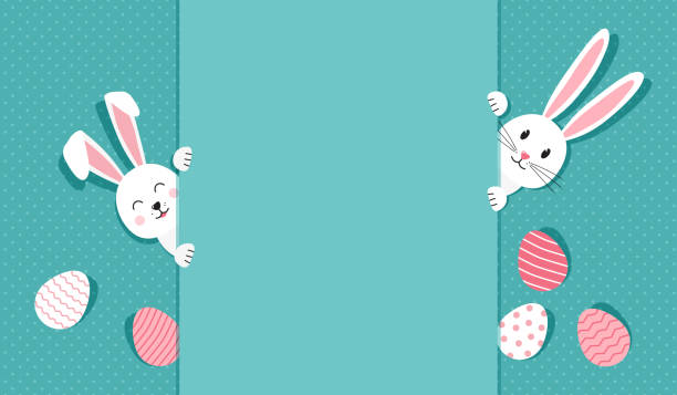 ilustrações de stock, clip art, desenhos animados e ícones de easter bunnies and eggs greeting card. rabbit on polka dot turquoise background. vector - banda desenhada produto artístico ilustrações
