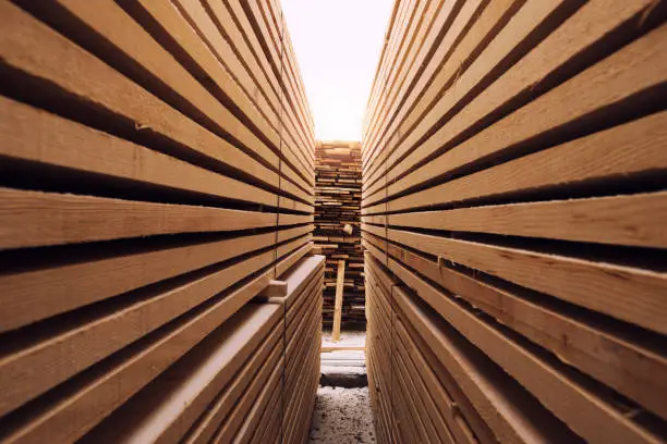 Photo of Stack of wooden planks in sawmill lumber yard.