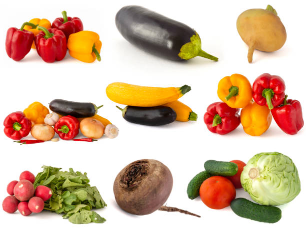 istock Cucumbers tomatoes cabbage broccoli yellow red Bell peppers eggplant zucchini chili pepper hot onions garlic and ripe turnips on a white background 1205612833