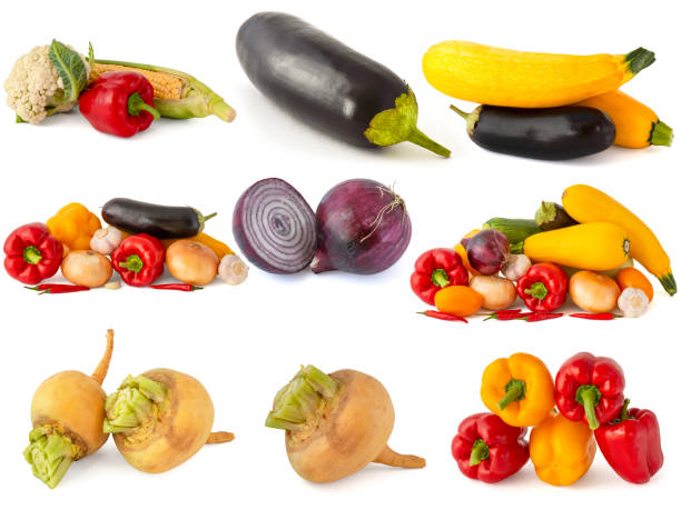istock Cucumbers tomatoes cabbage broccoli yellow red Bell peppers eggplant zucchini chili pepper hot onions garlic and ripe turnips on a white background 1205612849