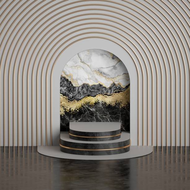 istock 3d render, abstract art deco geometric background, black white marble niche, golden arch, pedestal steps, empty stage, fashion podium. Clean style, premium mockup, copy space. Modern minimal concept 1205613588