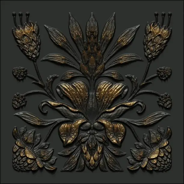 Photo of 3d render, abstract black gold vintage floral background, medieval botanical pattern, forged metallic tile, ancient ironwork, tropical flowers and leaves motif, decorative classic ornament