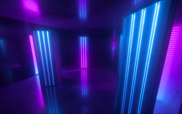 istock 3d render, blue pink violet neon abstract background, ultraviolet light, night club empty room interior, tunnel or corridor, glowing panels, fashion podium, performance stage decorations, 1205614047