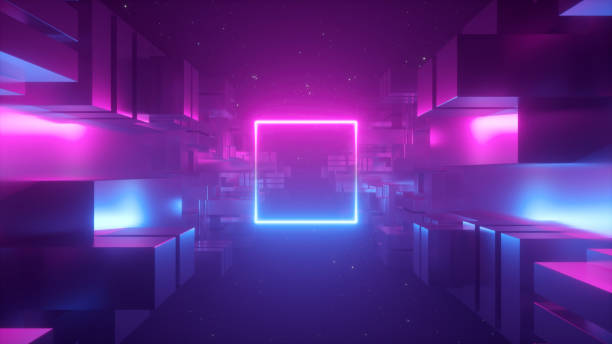 istock 3d render, abstract geometric background, futuristic concept, pink blue neon light, ultraviolet, glowing square shape, copy space, cosmos. 1205614072