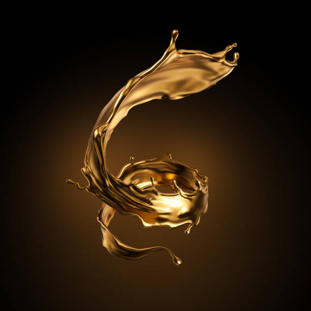 istock 3d rendering, liquid spiral gold splash, artistic paint metallic jet, swirl, wave, golden splashing clip art, abstract design element isolated on black background. Cosmetics ingredient. Luxury concept 1205614636