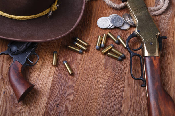 istock Wild west rifle, ammunition and sheriff badge 1205614637