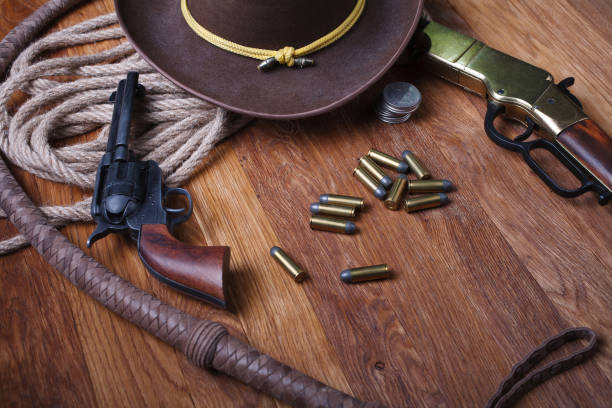 istock Wild west rifle, ammunition and sheriff badge 1205614649