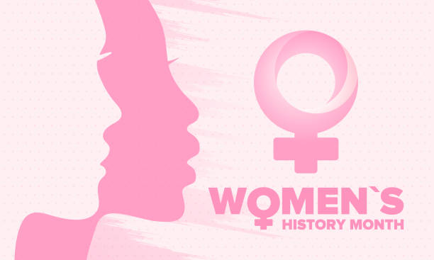 여성 역사의 달. 3월에 매년 축하하여 여성의 역사에 대한 공헌을 기념합니다. 여성 기호입니다. 여성의 권리. 세계에서 소녀 의 힘. 포스터, 엽서, 배너. 벡터 일러스트레이션 - 성별 기호 stock illustrations