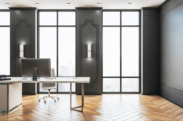 istock Coworking office interior with wooden floor 1205615035