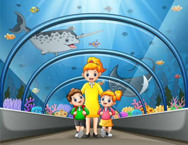 수중 박물관을 통해 걷는 어머니와 아이들 - 11274 stock illustrations