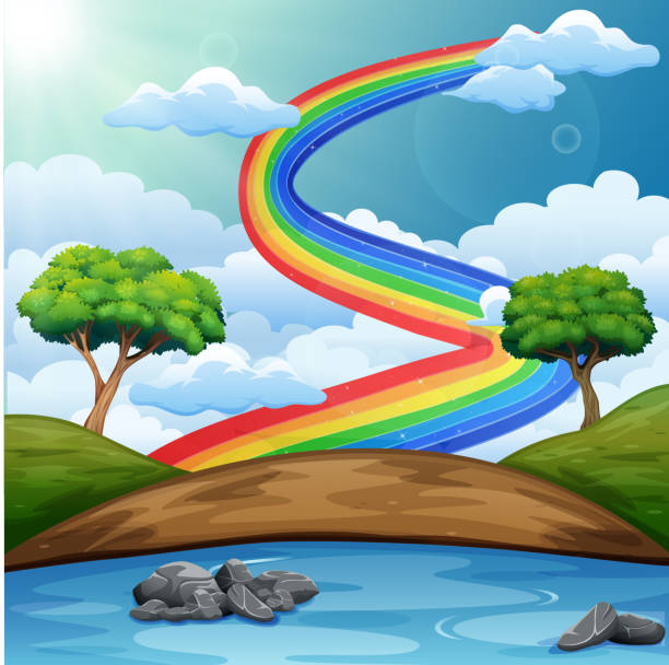 illustrazioni stock, clip art, cartoni animati e icone di tendenza di bellissimo paesaggio fluviale con arcobaleno - 11262