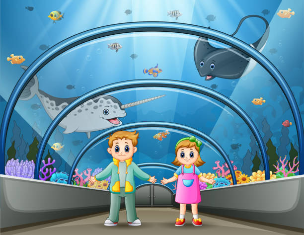 ilustrações de stock, clip art, desenhos animados e ícones de cartoon children at the aquarium park - 11275