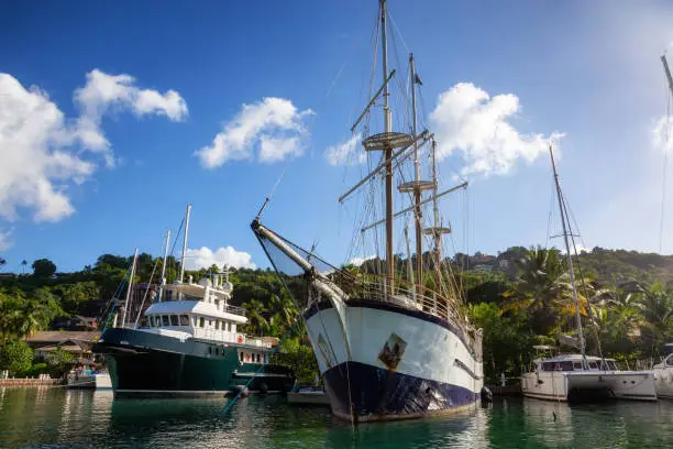 Roseau, Castries, Saint Lucia. Sail Boats on the Beautiful Marina on the Caribbean Sea during a sunny day.