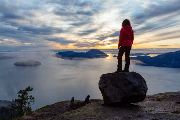 istock Adventurous Girl on top of a Mountain during Sunset 1205618528