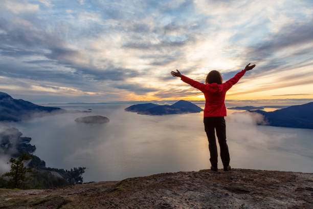 istock Adventurous Girl on top of a Mountain during Sunset 1205618706