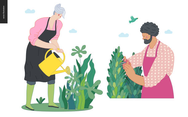 ilustraciones, imágenes clip art, dibujos animados e iconos de stock de la gente de jardinería establece, primavera - seedbed