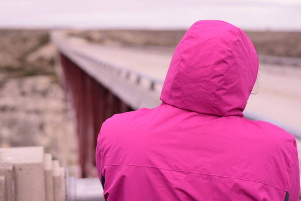 istock Rear View Of Person In Bright Pink Jacket Overlooking A Viewpoint 1205625277