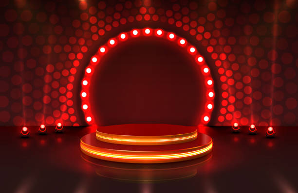 赤い背景に授与式のための光、ステージ表彰台シーンを表示します。 - stage light stage stage theater light点のイラスト素材／クリップアート素材／マンガ素材／アイコン素材