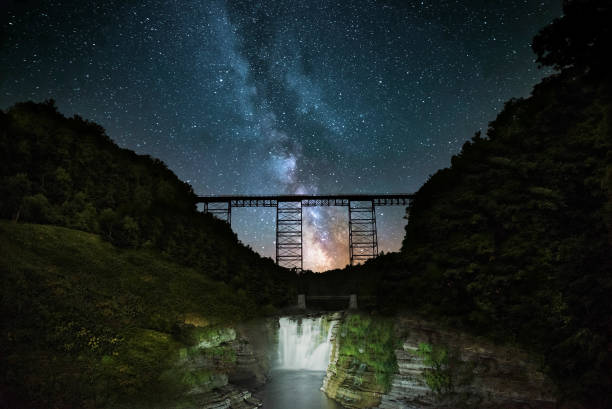 The Milky Way At Letchworth State Park The Milk Way Over The Railroad Trestle At Letchworth State Park In New York finger lakes stock pictures, royalty-free photos & images