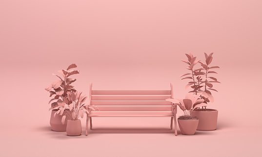 Park bench and plants in plain monochrome light pink color. Light background with copy space. 3D rendering for web page, presentation or picture frame backgrounds.
