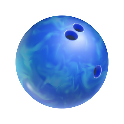 Realistic blue bowling ball with holes isolated on white background. Bowling competition and design element for tournament announcement. Sports equipment for indoor activity vector illustration.