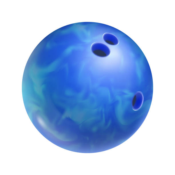 Realistic blue bowling ball with holes Realistic blue bowling ball with holes isolated on white background. Bowling competition and design element for tournament announcement. Sports equipment for indoor activity vector illustration. bowling ball stock illustrations