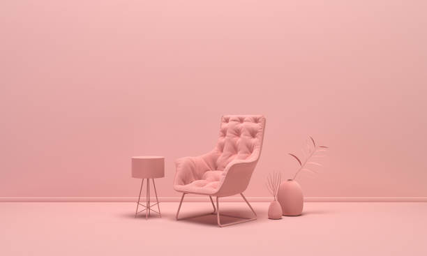 intérieur de la chambre en couleur rose clair monochrome uni avec chaise simple, lampe de sol et vases décoratifs. fond léger avec l’espace de copie. rendu 3d - bedding cushion purple pillow photos et images de collection
