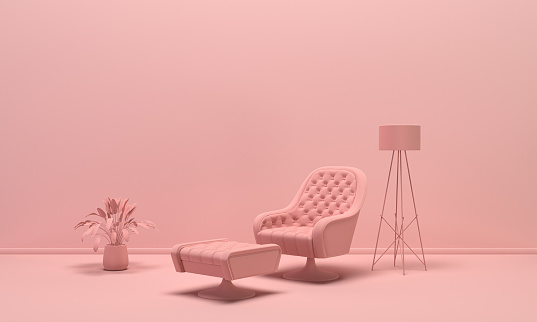 El interior de la habitación en color rosa claro monocromo con sillón individual, lámpara de pie y jarrones decorativos. Fondo claro con espacio de copia. Renderizado 3D photo
