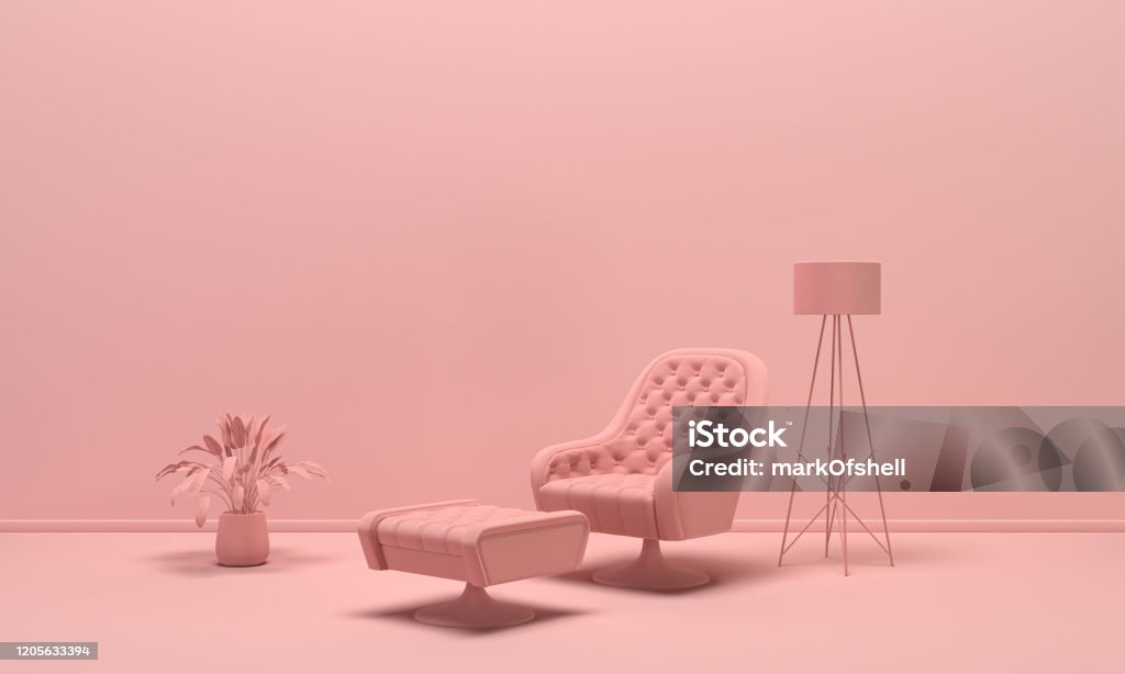 The interior of the room in plain monochrome light pink color with single armchair, floor lamp and decorative vases. Light background with copy space. 3D rendering The interior of the room in plain monochrome light pink color with furnitures and room accessories. Light background with copy space. 3D rendering for web page, presentation or picture frame backgrounds. Monochrome Stock Photo