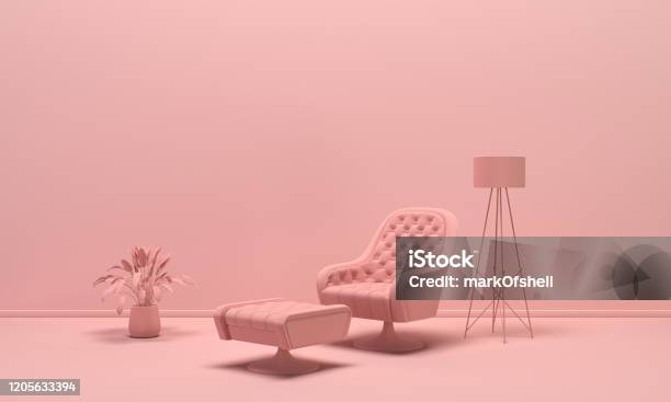 The Interior Of The Room In Plain Monochrome Light Pink Color With Single Armchair Floor Lamp And Decorative Vases Light Background With Copy Space 3d Rendering Stock Photo - Download Image Now