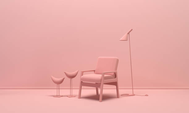 istock Interior room in plain monochrome light pink color with single chair, floor lamp and bitossi bird figures. Light background with copy space. 3D rendering 1205633429
