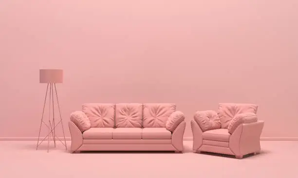 Interior of the room in plain monochrome light pink color with furnitures and room accessories. Light background with copy space. 3D rendering for web page, presentation or picture frame backgrounds.
