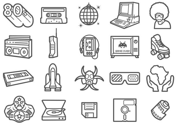 illustrazioni stock, clip art, cartoni animati e icone di tendenza di set di icone di linea retrò anni '80 - stereo personale