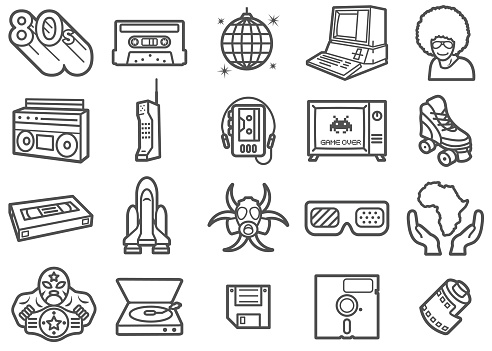 There is a set of icons about retro 80s and related stuffs in the style of Clip art.