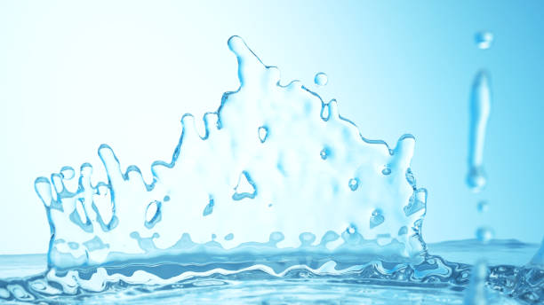 istock Frozen motion splash crown with waves and droplets on calm water surface realistic 3d illustration. Pure drink fresh source, clean environment and ecology concept. Natural product presentation background 1205635385