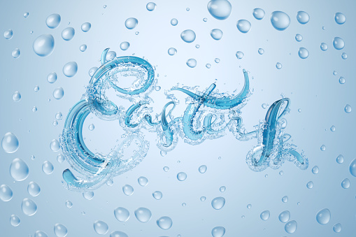 Happy Easter background with glass word decorated by eggs, water splash around it. Invitation realistic 3d illustration greeting card, ad, promotion, poster, flyer, web-banner, article, social media.