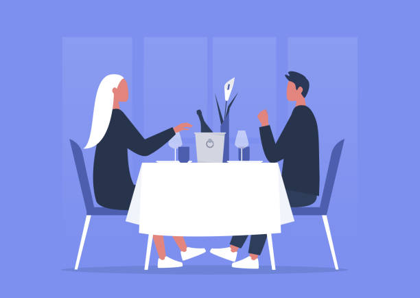 ilustraciones, imágenes clip art, dibujos animados e iconos de stock de restaurante de alta cocina, un par de jóvenes adultos que tienen cena romántica, celebración de aniversario, primera cita o día de san valentín - pareja cenando