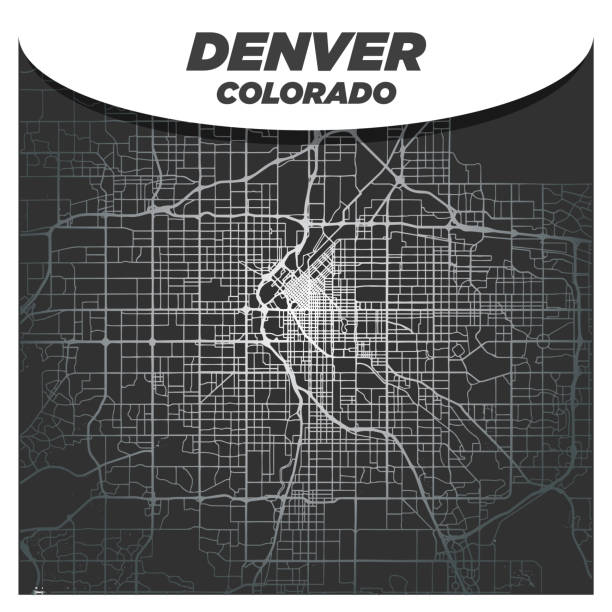 Elegant Silver Map of Downtown Denver Colorado City Center on Dark Gray Background vector art illustration