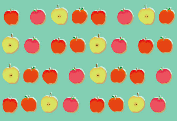 Hand painted cute apple pattern It is the whole pattern of illustrations of various apples. green apple on green background stock illustrations