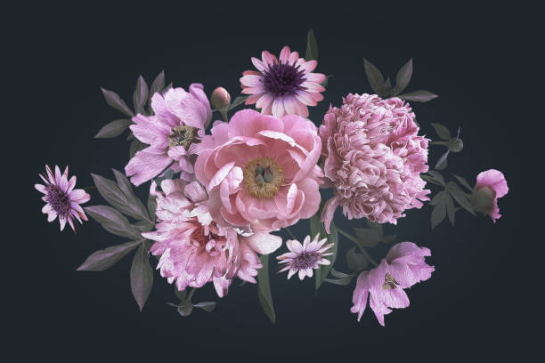 istock Vintage greeting card with flowers peonies. 1205655721