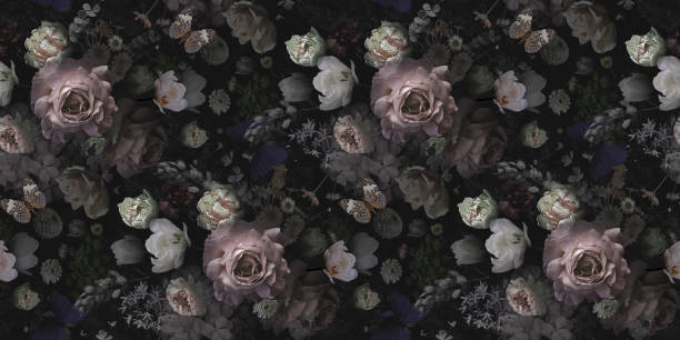 Beautiful pink roses and garden flowers. Floral vintage seamless pattern. Floral vintage seamless pattern. Beautiful blooming roses, garden flowers, decorative herbs on black background. Template for decoration packaging, interior design, fabric, textile, paper, wallpaper. bouquet photos stock pictures, royalty-free photos & images