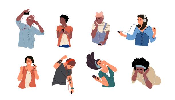People listen to music. Dancing cartoon young characters with smartphones and headphones. Vector happy teenagers set People listen to music. Dancing cartoon young characters with smartphones and headphones. Vector illustrations isolated happy teenagers listening smartphone through earphones set funny ear stock illustrations