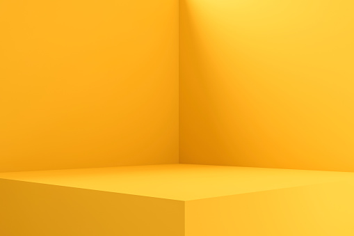 Diseño interior de la habitación vacía o pantalla de pedestal amarillo sobre fondo vivo con soporte en blanco. Soporte en blanco para mostrar el producto. Renderizado 3D. photo