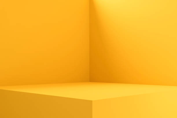 empty room interior design or yellow pedestal display on vivid background with blank stand. blank stand for showing product. 3d rendering. - color display imagens e fotografias de stock